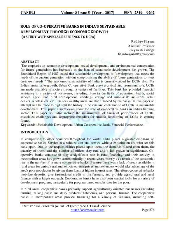 (PDF) ROLE OF CO-OPERATIVE BANKS IN INDIA'S SUSTAINABLE DEVELOPMENT ...