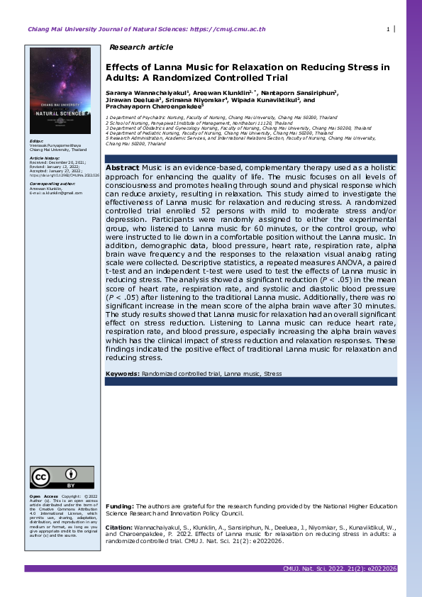 (PDF) Effects of Lanna Music for Relaxation on Reducing Stress in ...