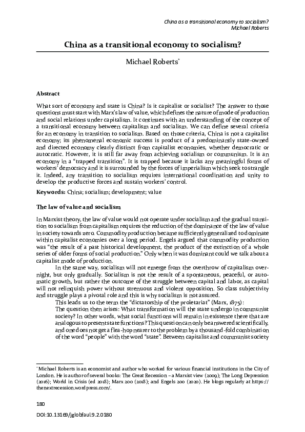 First page of “China as a transitional economy to socialism”