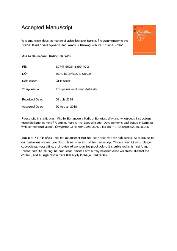 Why and when does instructional video facilitate learning? A commentary to the special issue “developments and trends in learning with instructional video”