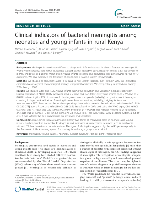(PDF) Clinical indicators of bacterial meningitis among neonates and ...