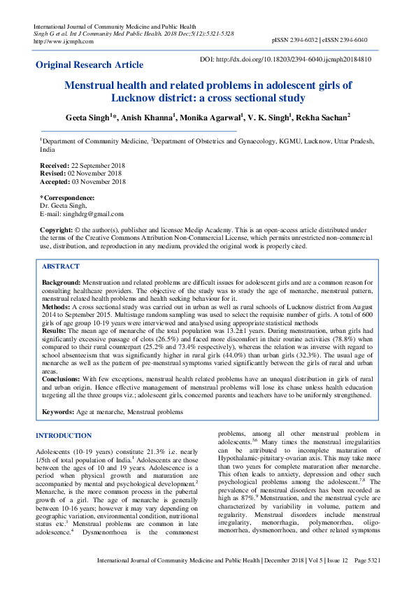 (PDF) Menstrual health and related problems in adolescent girls of ...