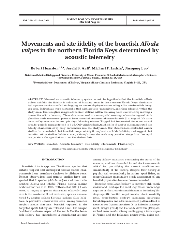 (PDF) Movements and site fidelity of the bonefish Albula vulpes in ...