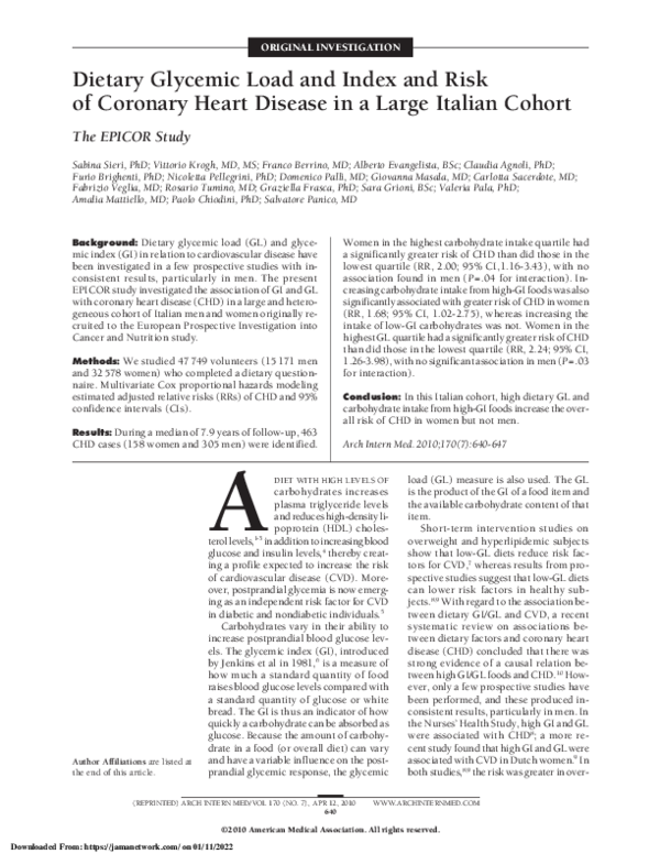 (PDF) Dietary Glycemic Load and Index and Risk of Coronary Heart ...