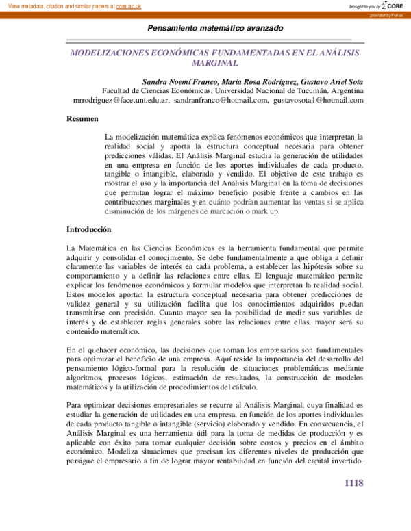 (PDF) Modelizaciones económicas fundamentadas en el análisis marginal