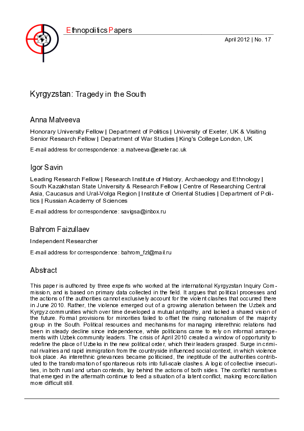 First page of “Kyrgyzstan: Tragedy in the South”