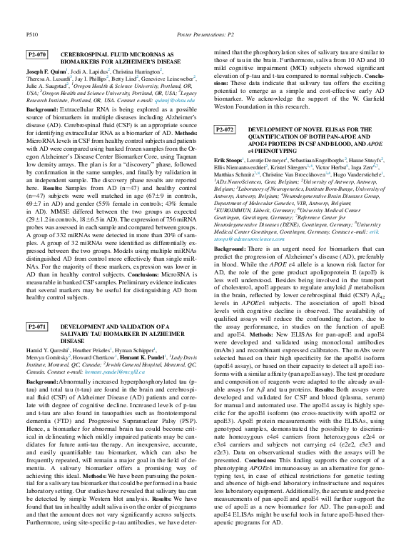 (PDF) Development and validation of a salivary tau biomarker in ...