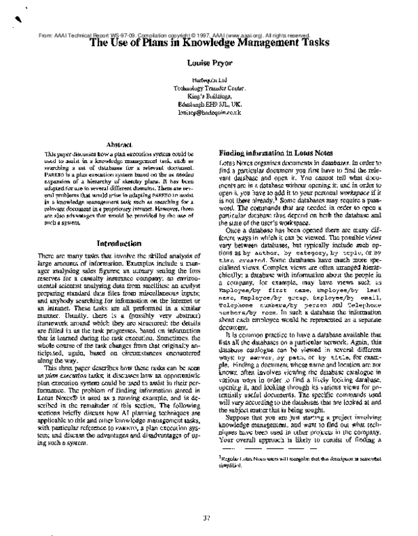 The Use of Plans in Knowledge Management Tasks