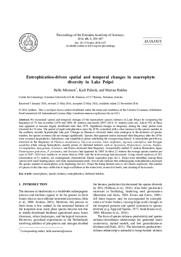 (PDF) Eutrophication-driven spatial and temporal changes in macrophyte ...