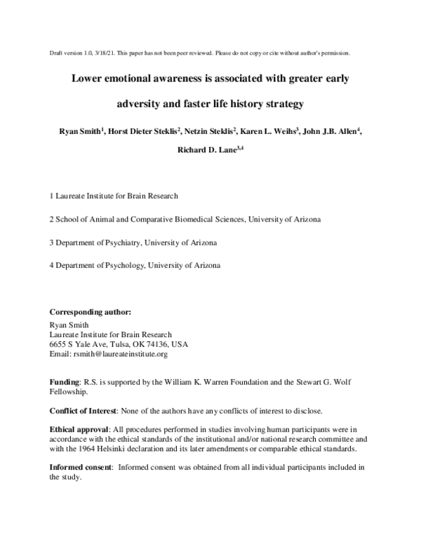 (PDF) Lower emotional awareness is associated with greater early ...