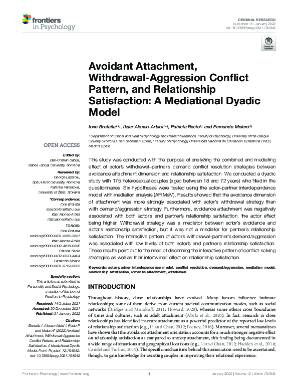 (PDF) Avoidant Attachment, Withdrawal-Aggression Conflict Pattern, and ...