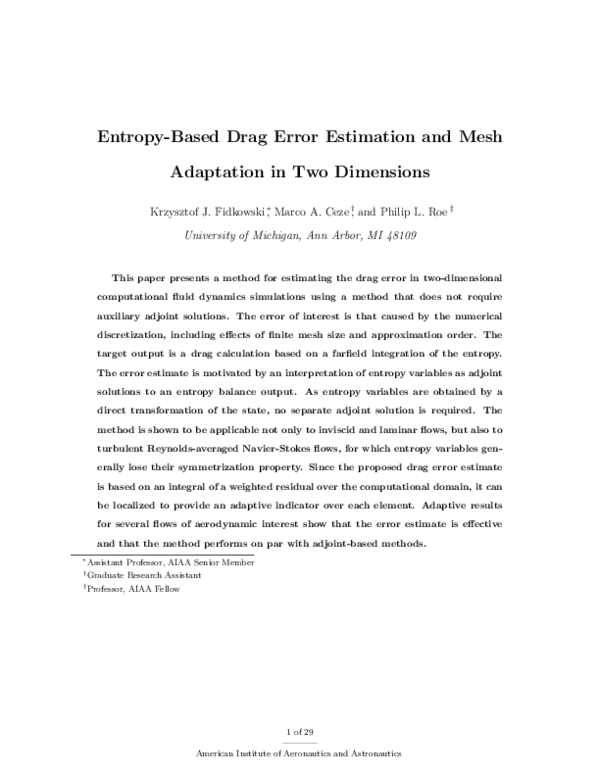 (PDF) Entropy-Based Drag-Error Estimation and Mesh Adaptation in Two ...