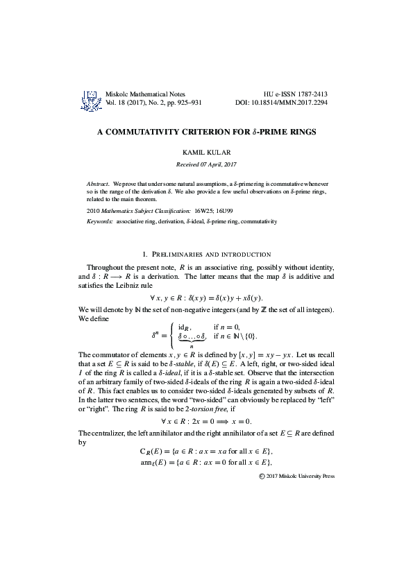 (PDF) A commutativity criterion for $\delta$-prime rings