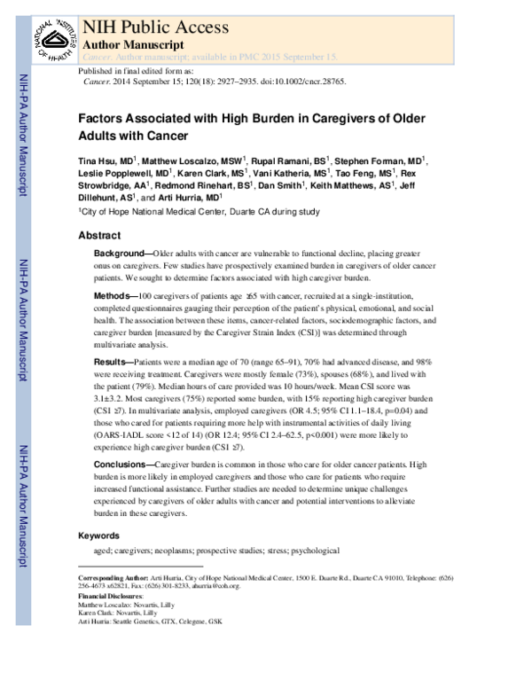(PDF) Factors associated with high burden in caregivers of older adults ...