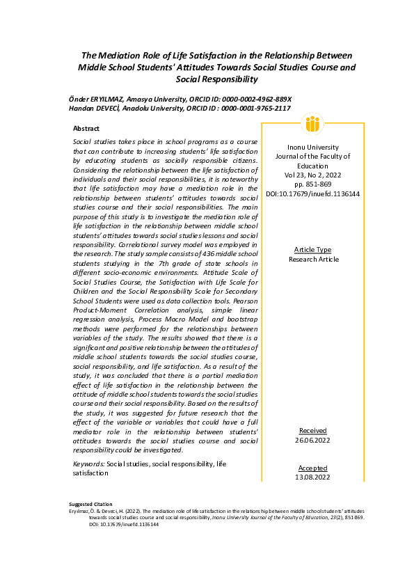 (PDF) The Mediation Role of Life Satisfaction in the Relationship ...