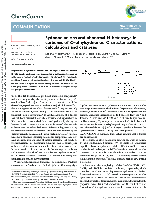 (PDF) Sydnone anions and abnormal N-heterocyclic carbenes of O ...