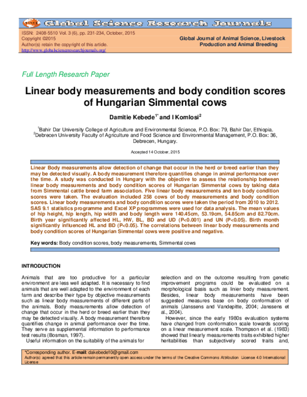 (PDF) Linear body measurements and body condition scores of Hungarian ...