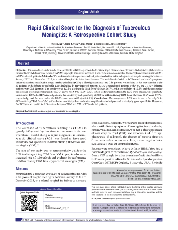(PDF) Rapid clinical score for the diagnosis of tuberculous meningitis ...