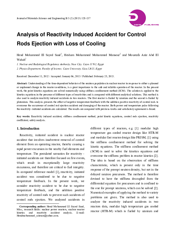 (PDF) Analysis of Reactivity Induced Accident for Control Rods Ejection ...