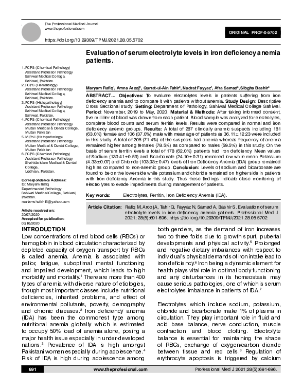 (PDF) Evaluation of serum electrolyte levels in iron deficiency anemia ...