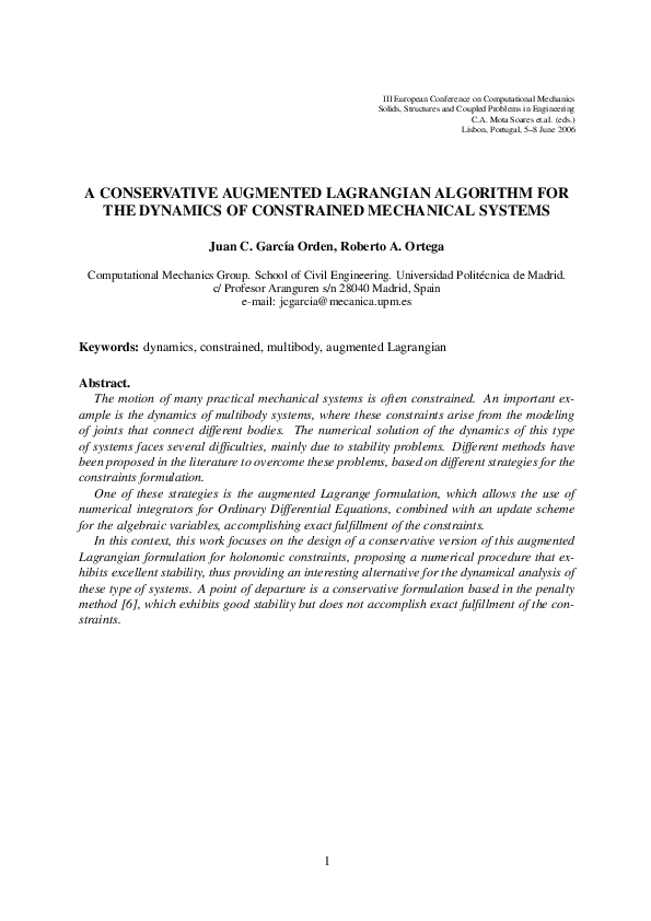 (PDF) A Conservative Augmented Lagrangian Algorithm for the Dynamics of ...