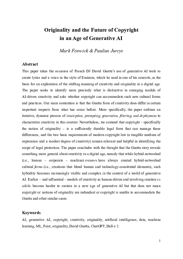 (PDF) Originality and the Future of Copyright in an Age of Generative AI