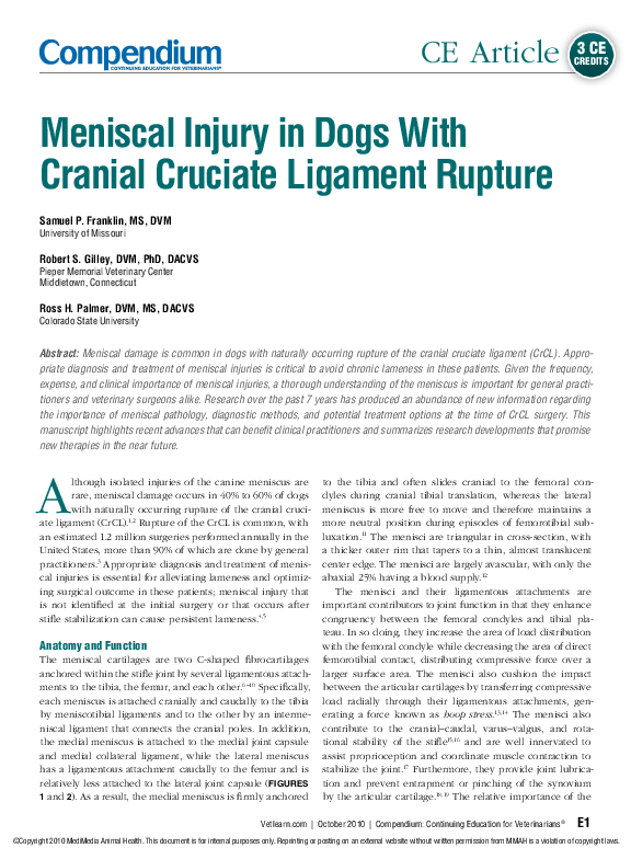(PDF) Meniscal injury in dogs with cranial cruciate ligament rupture
