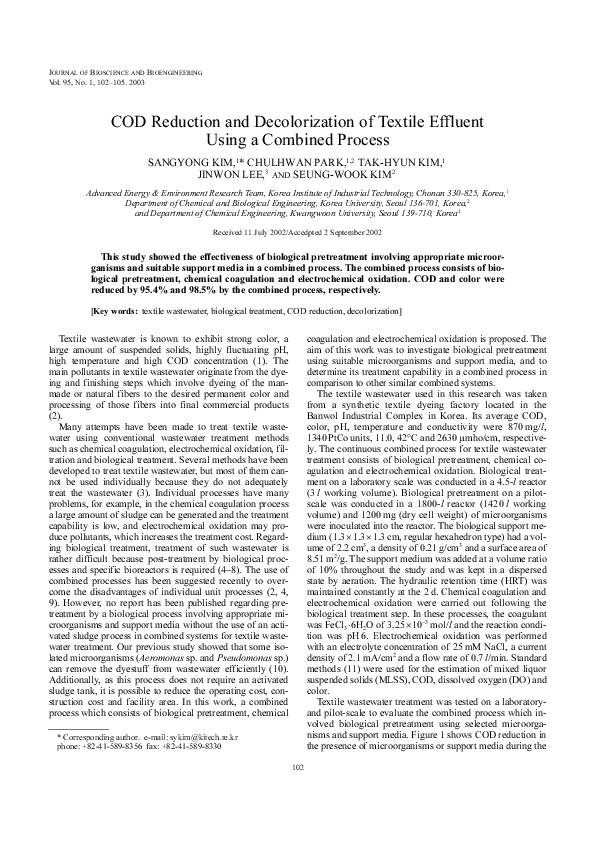 (PDF) COD Reduction and Decolorization of Textile Effluent Using a ...