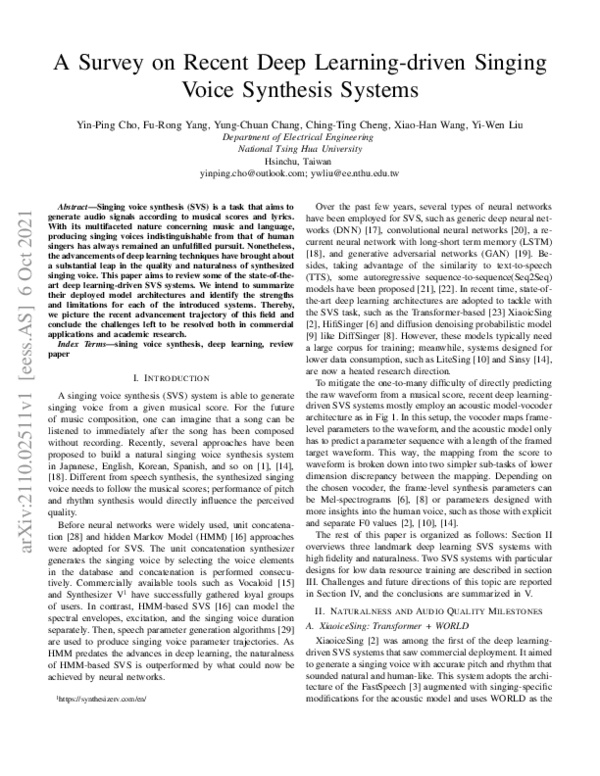 (PDF) A Survey on Recent Deep Learning-driven Singing Voice Synthesis ...