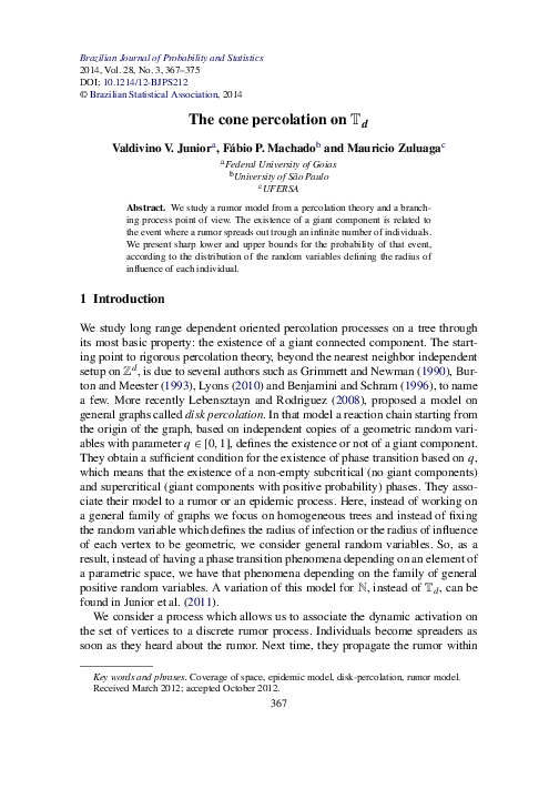 (PDF) The cone percolation on $\mathbb{T}_{d}$