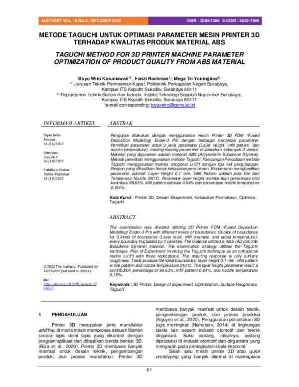 (PDF) Taguchi Method for 3D Printer Machine Parameter Optimization of ...