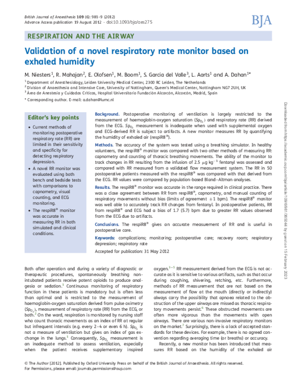 (PDF) Validation of a novel respiratory rate monitor based on exhaled ...