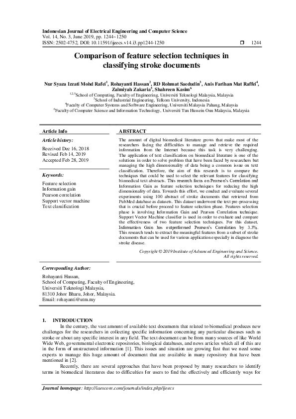 (PDF) Comparison of feature selection techniques in classifying stroke ...