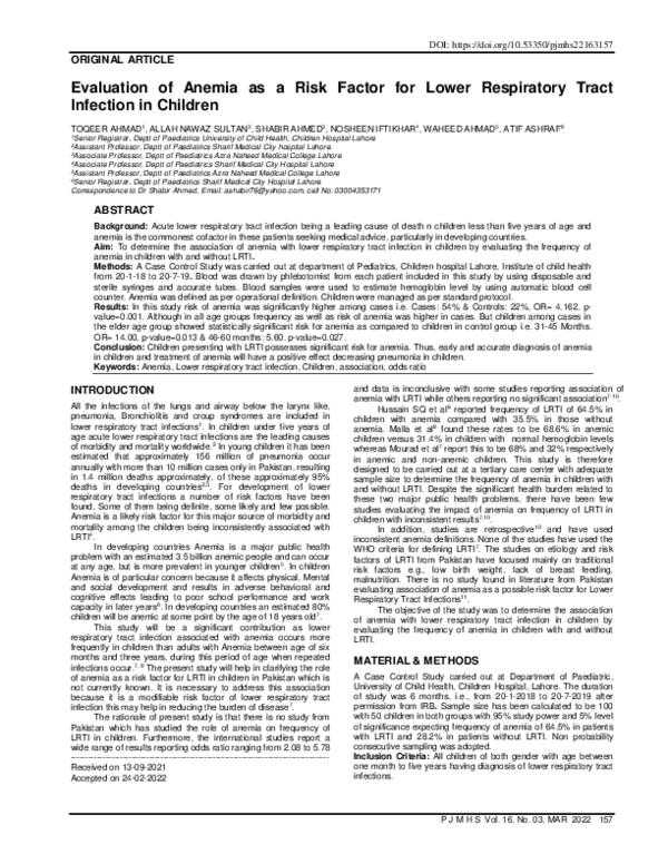 (PDF) Evaluation of Anemia as a Risk Factor for Lower Respiratory Tract ...
