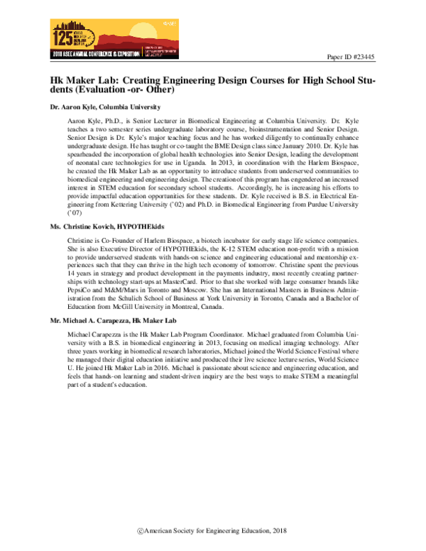 (PDF) Hk Maker Lab: Creating Engineering Design Courses for High School ...