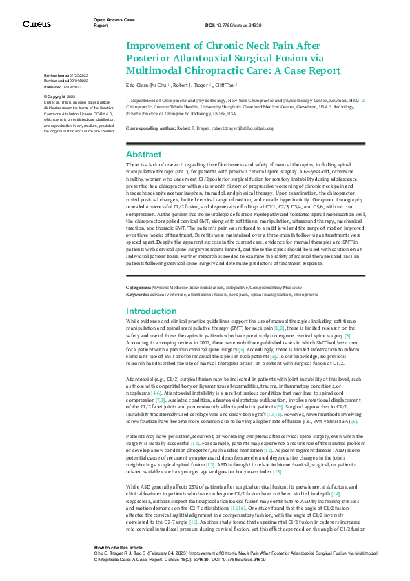 (PDF) Improvement of Chronic Neck Pain After Posterior Atlantoaxial ...