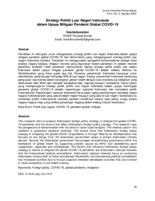 (PDF) Strategi Politik Luar Negeri Indonesia dalam Upaya Mitigasi ...
