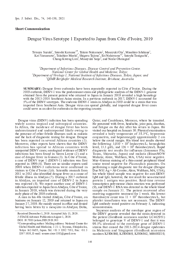 (PDF) Dengue Virus Serotype 1 Exported to Japan from Côte d’Ivoire, 2019