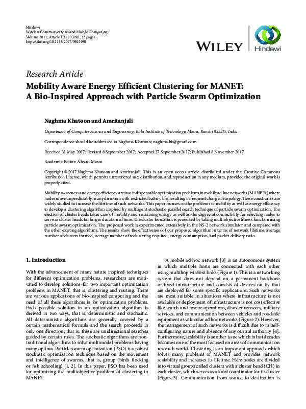 (PDF) Mobility Aware Energy Efficient Clustering for MANET: A Bio ...