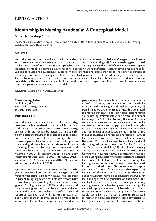 (PDF) Mentorship in Nursing Academia: A Conceptual Model