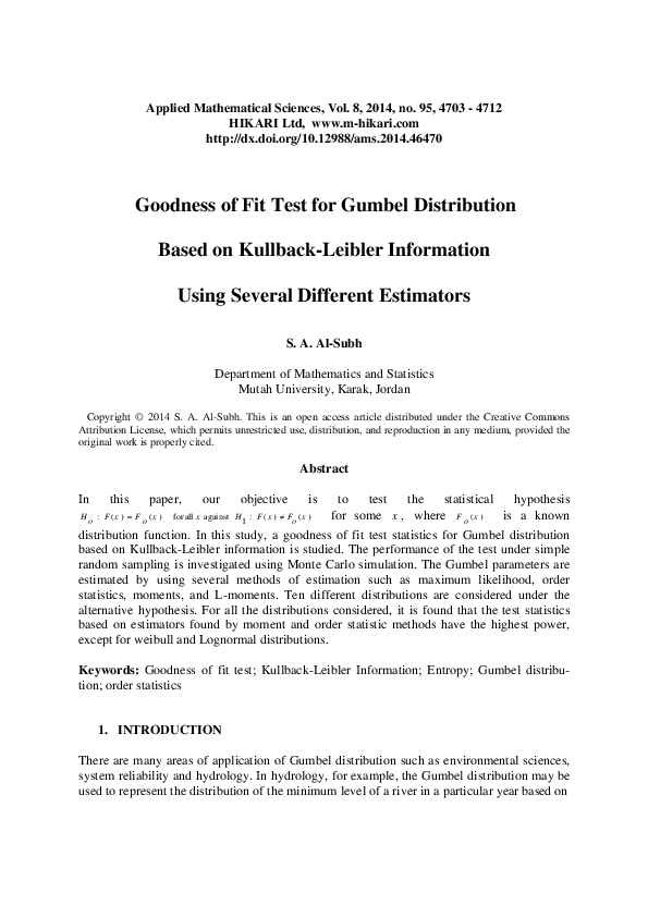 (PDF) Goodness of fit test for Gumbel distribution based on Kullback ...