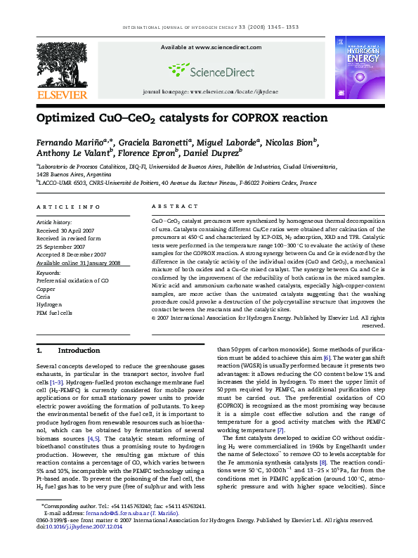 (PDF) Optimized CuO–CeO2 catalysts for COPROX reaction