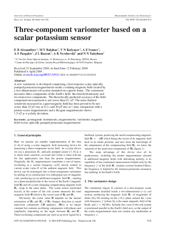 (PDF) Three-component variometer based on a scalar potassium sensor