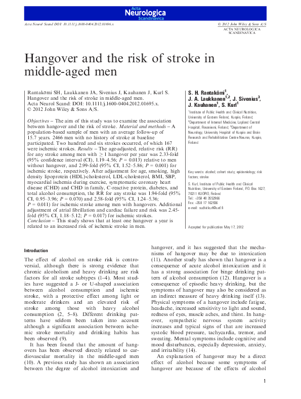 (PDF) Hangover and the risk of stroke in middle-aged men