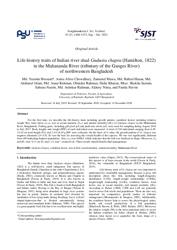 (PDF) Life-history traits of Indian river shad Gudusia chapra (Hamilton ...