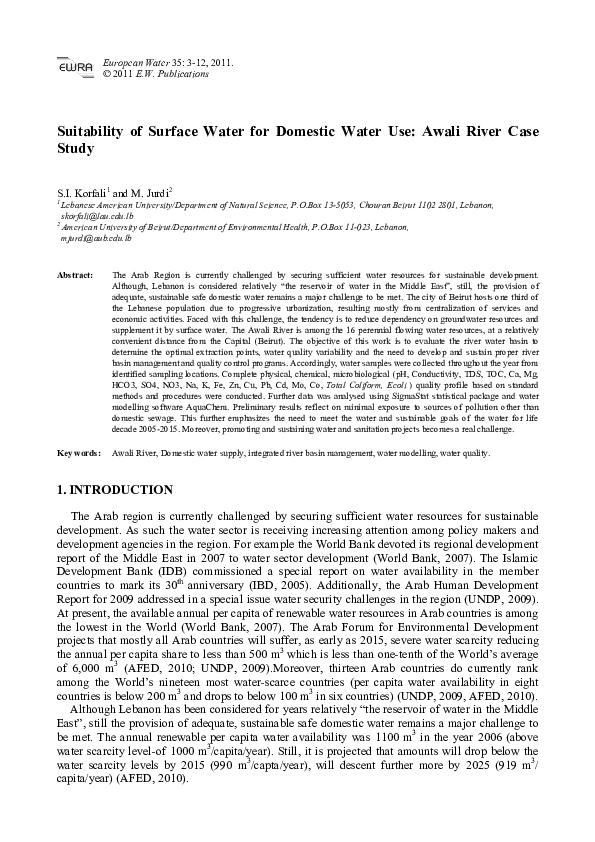 (PDF) Suitability of Surface Water for Domestic Water Use: Awali River ...