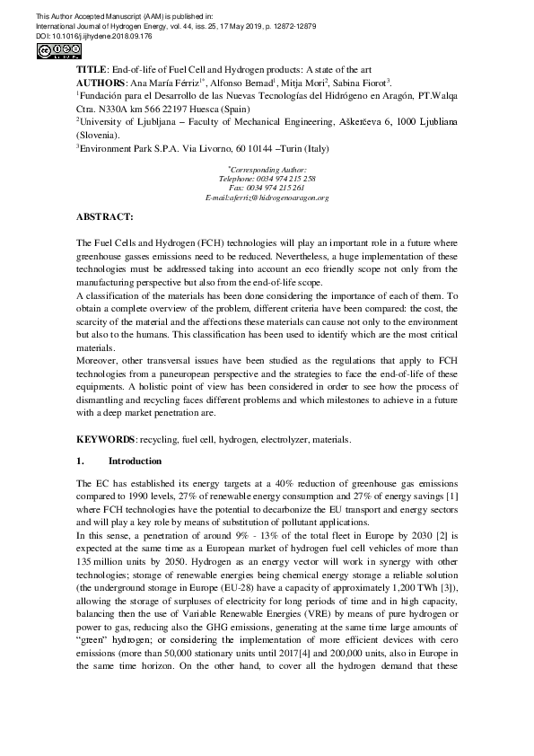 (PDF) Endoflife of fuel cell and hydrogen products A state of the