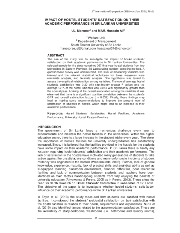 (PDF) Impact of hostel students’ satisfaction on their academic ...