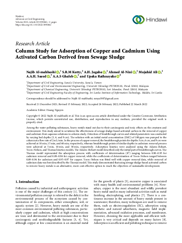 (PDF) Column Study for Adsorption of Copper and Cadmium Using Activated ...