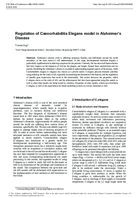 (PDF) Regulation of Caenorhabditis Elegans model in Alzheimer’s Disease